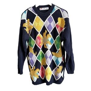 Vintage Knit Sweater Colorful Argyle Womens Medium Beach Coastal Grandma Cozy